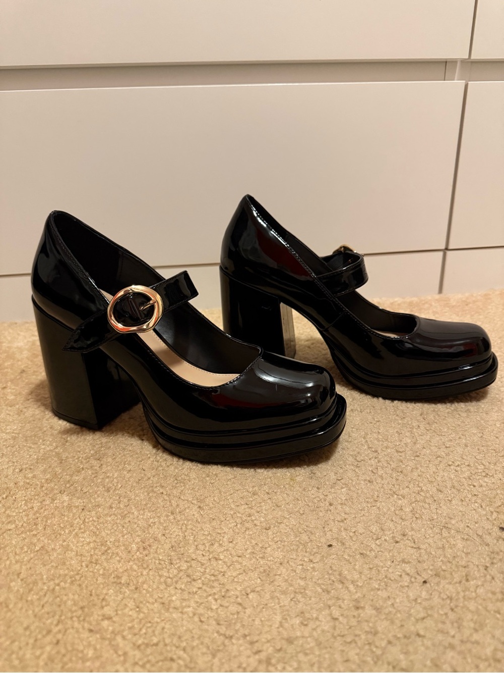 Steve Madden Black Patent Mary Jane Platform Block Heels Size 9